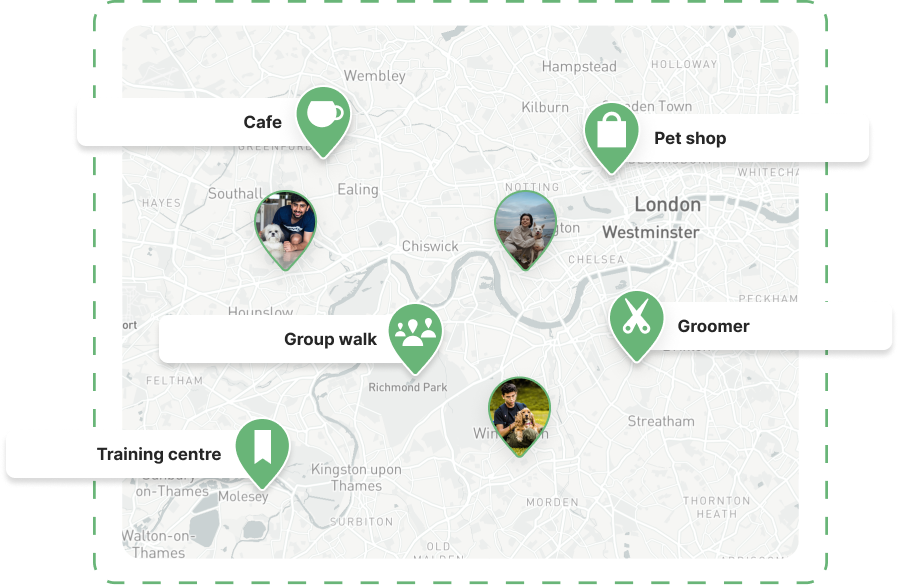 A screenshot of the MorePaws interactive map showing pin icons with listed perks and dog-friendly venues in London.