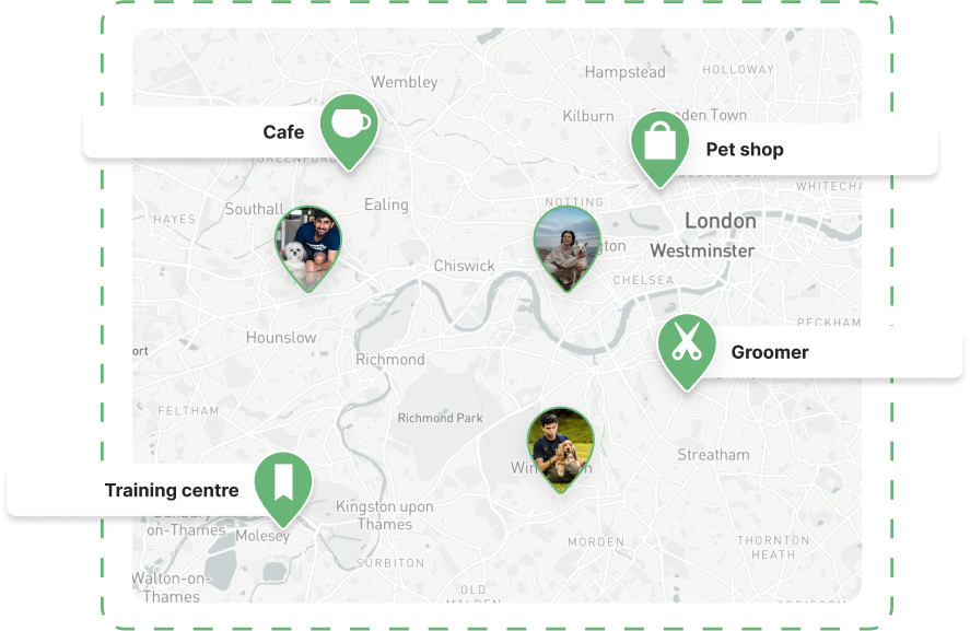 A screenshot showing the businesses listed on the MorePaws interactive map.