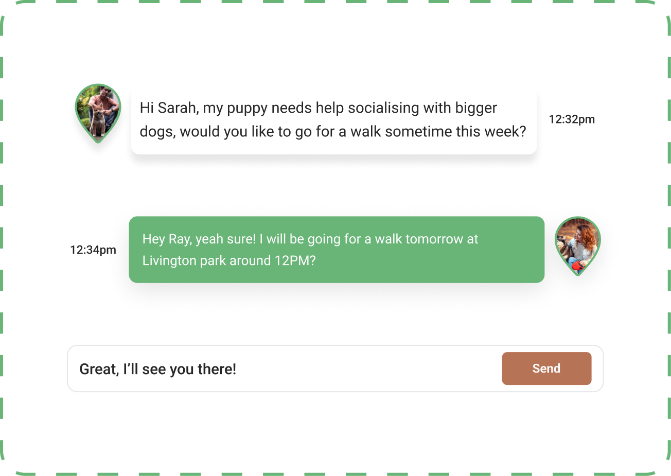 A screenshot showing example messages between two MorePaws users arranging to help one another train their dogs.